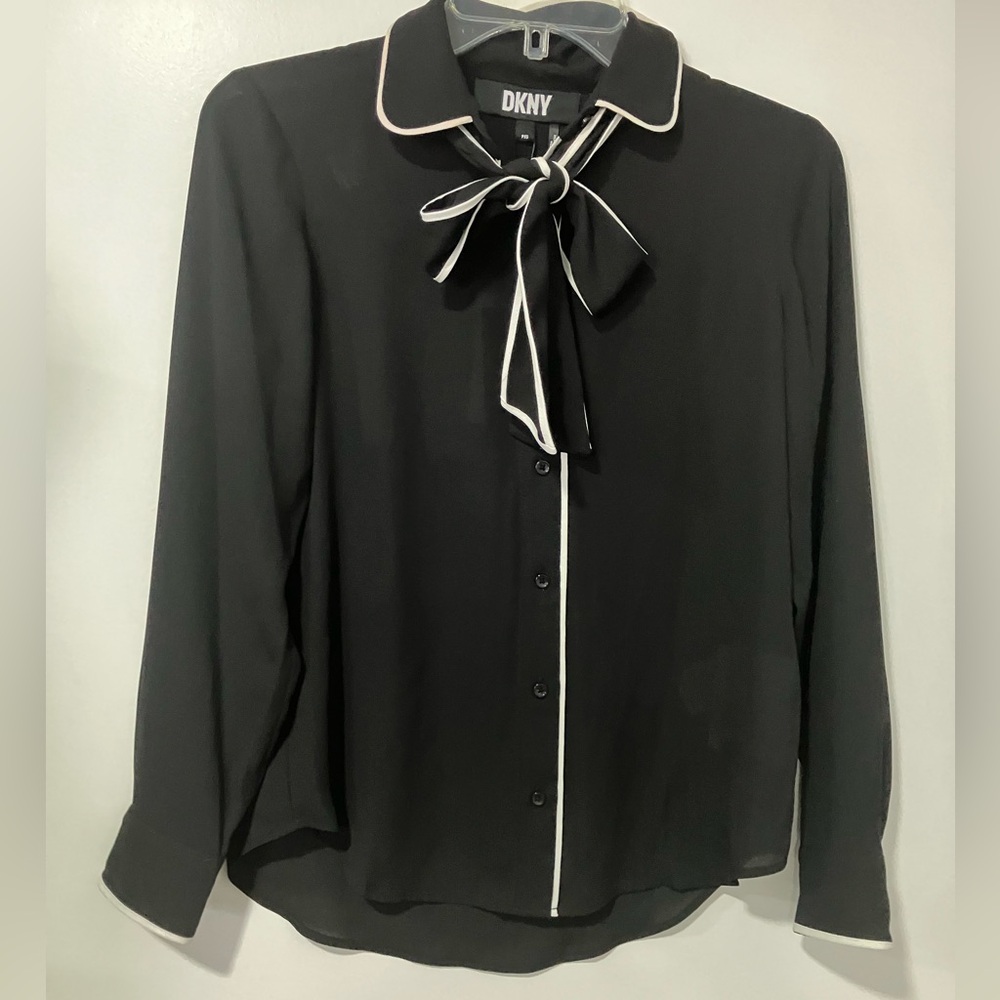 DKNY blouse with white trim and bow tie detail